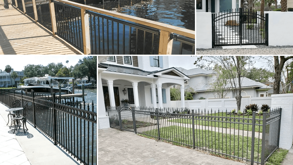 Photo of a railing over water, a black entry gate, and a front yard aluminum fence with gate.