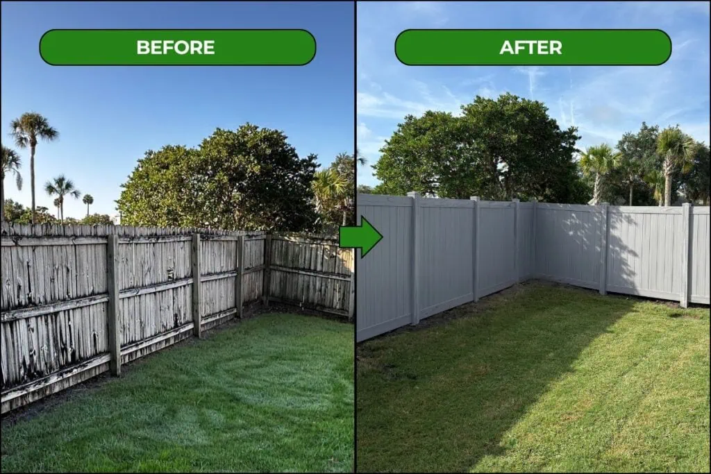 Before and After Image that shows an old wooden fence being replaced with a striking vinyl fence