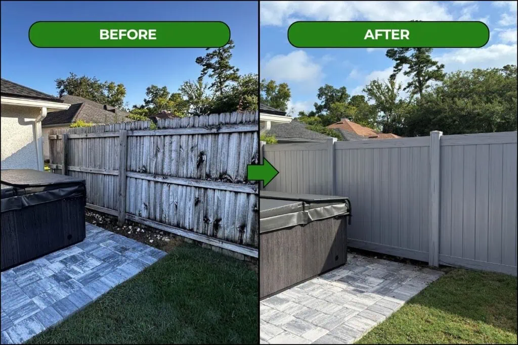 Before and After Image that shows an old wooden fence being replaced with a striking vinyl fence
