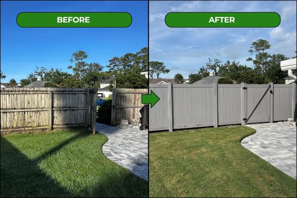 Before and After Image that shows an old wooden fence being replaced with a striking vinyl fence