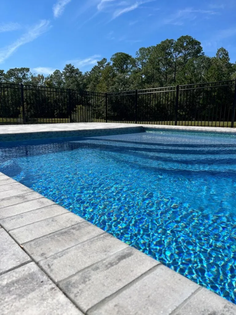 Big pool with black aluminum pool fence surrounding it.
